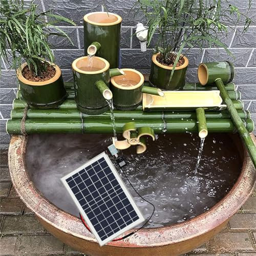 Kit de fuente solar de bambú con estanque de 3 niveles, bomba de boquilla de jardín japonesa, panel solar de 10 W, filtro de agua de 2 m, tubo de agua perfecto para patio y uso en interiores y
