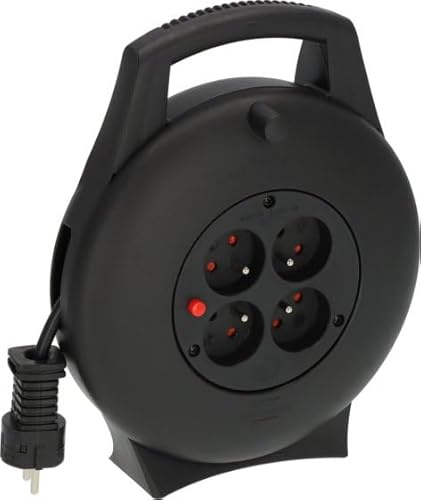 Brennenstuhl Vario Line - Carrete eléctrico (4 veces/mini alargador de cable interior para el hogar, 10 m de cable, Made in Germany) negro