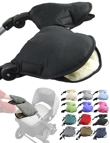 BambiniWelt Handmuff Kinderwagen – Handwärmer mit 70% Lammwolle, wasserfest & winddicht, 2-teilig für Buggy, Kinderwagen & Radanhänger, kuschelig & pflegeleicht, Farbe: uni schwarz