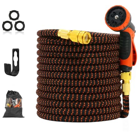 FlinQ Flexibler Gartenschlauch bis zu 10 Meter - Schwarz/Orange | Dehnbarer Wasserschlauch mit Sprühkopf und Schlauchhalter - Flexibel ohne Knöpfe - Inklusive Aufbewahrungstasche