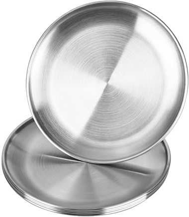 Generisch 5 Stück Edelstahl Teller, Edelstahl Runden Geschirr Φ 20cm, Barbecue Dish, Kuchenform, Tablett, Oval Platter, Fleisch Dish, Reisplatte für Camping, Picknick, Wandern, Küche, Party