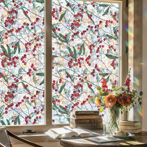 Stained Glass Window Film Privacy Static Cling - 44.5x200D Rainbow Lattice, UV Blocking Non-Adhesive Vinyl for Home Kitchen Bathroom