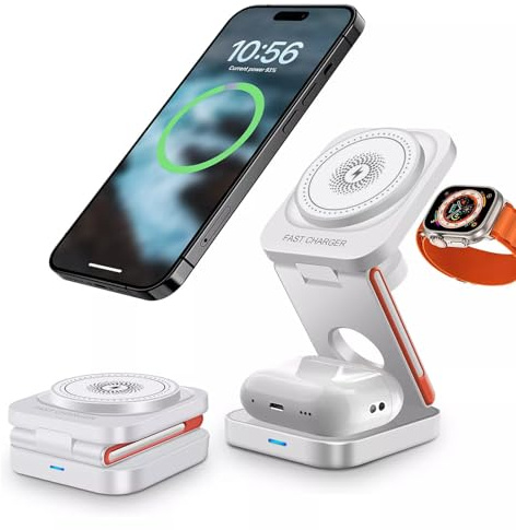 3in1 Wireless Charger Phone Holder for iPhone 17/Air/17 Pro/17 Pro Max/16e/16/16 Pro/15/14/13 Fast Charger 15W Adjustable Smartphone Mount Charging Station fit Stand for iPhone Watch 10/9/8 AirPods