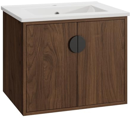 HOROW Waschbecken mit Unterschrank 60 cm breit Badezimmerschrank mit 2 Türen Badschrank Wandschrank mit Einbauwaschbecken für Gäste Bad & WC