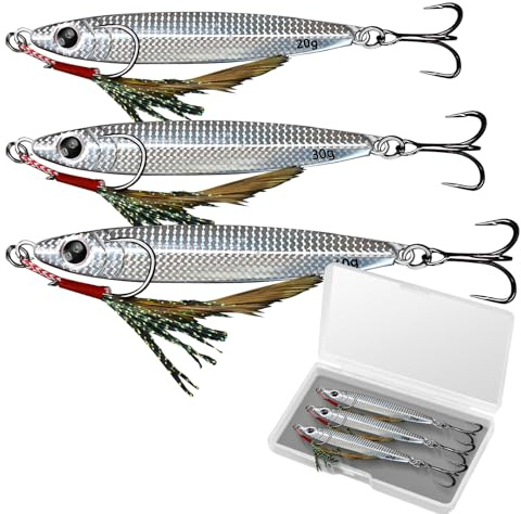 Verazquy Metal Sea Fishing Lures 3PCS Silver Stinger Spinner Lures with Treble Hooks (20g/30g/40g), Supplied with a storage boxWedge Design for Mackerel, Cod–Saltwater & Freshwater Fishing Tackle