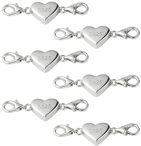 6 Stück Herz Magnetverschluss Kette, 925 Silber für Armband Damen Herren | Magnet Stark für Ketten Halskette, Verbindungsverschluss für Schmuckherstellung DIY Jewellery Accessories, Kettenverlängerung