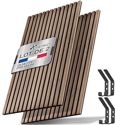 TRESKO 2 pannelli acustici in legno, 120 x 60 cm, con 4 ganci appendiabiti, rivestimento da parete in rovere naturale come parete a lamelle 3D, pannelli in legno per isolamento acustico