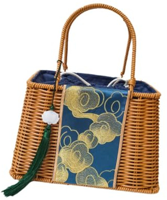 Allayu Bolso de mimbre tejido a mano con estilo para mujer, bolso de paja único, picnic, viaje, playa, temporada, verano, excursiones un día, picnic, mano, ligero,