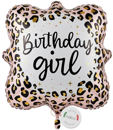 balloa Geburtstagsballon Birthday Girl Leo Design, Folienballon, 35 cm | Birthday Girl Schriftzug mit Leoparden-Muster, heliumgeeignet, ungefüllt, Geburtstagsdeko für Mädchen und Partys
