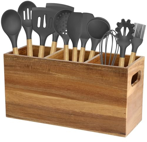 SWEWARM Extra-Large Wooden Utensil Pot Holder - 3-Section Kitchen Organiser with Rustic Oak Finish for Worktop Storage