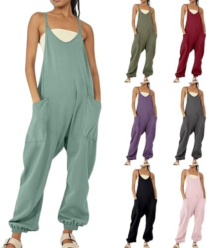 Salopette da donna estive in cotone, tuta da donna sportiva, tinta unita, con scollo a V, senza maniche, spalline sottili, tuta estiva