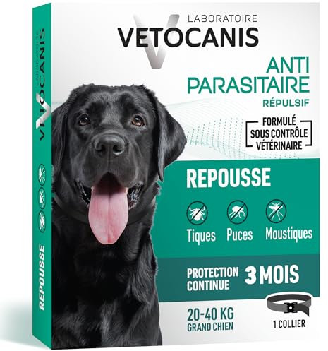 Vetocanis - Collier Répulsif Puces Tiques Moustiques - Protection 3 mois - Grand Chien 20 à 40 kg - Extraits Naturels Margosa et Lavandin