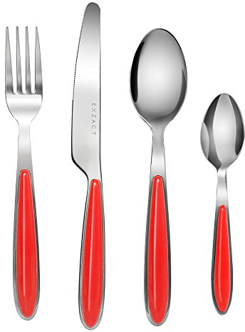 EXZACT Cutlery Set of 16, Stainless Steel with Color Handles - 4 Forks, 4 Dinner Knives, 4 Dinner Spoons, 4 Teaspoons - EX07 (Red x 16)