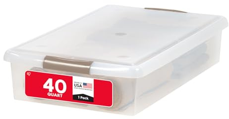 IRIS USA 40 Qt Plastic Under Bed Storage Nestable Organizer Bin Container with Secure Lids and Durable Buckles, 1-Pack, Under Bed Storage Containers for Clothes Shoes Bedding, Gray/Clear