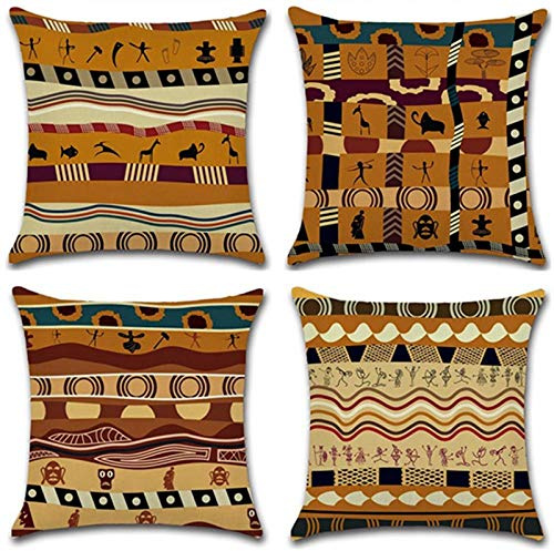 Raily 4 Stück Dekorative Kissenbezug Afrikanisch Stil Kissen-Hülle Leinen-Baumwoll Sofakissen Dekokissen Kopfkissen Kissen Bezug Braun 45x45cm