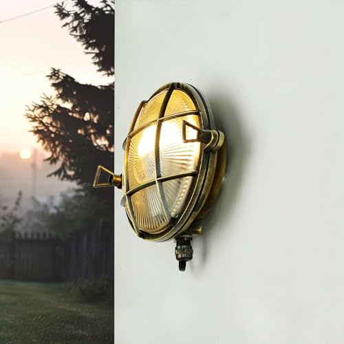 Licht-Erlebnisse Außenleuchte Wand Messing Glas Antik IP64 Garten Haus Eingang B:18 cm E27 Schiffslampe Rustikal Maritime Outdoor Wandlampe SKIATHOS