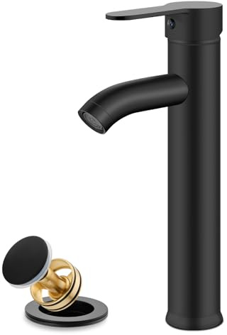 gotonovo Vessel Sink Faucet Modern Tall Bathroom Faucet Single Handle One Hole Stainless Steel Vanity Lavatory Rv Bowl Basin Mixer Tap with Supply Lines and Metal Pop Up Drain, Matte Black