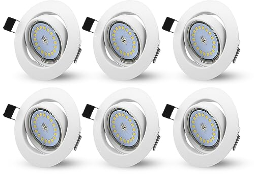 HiBay 6er Set LED Einbaustrahler 230V Flach Weiß GU10 Einbaurahmen Ø70-80mm Schwenkbar Einbauleuchten inkl. 5W Naturalweiß Glühbirne