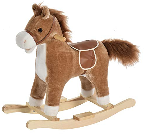 HOMCOM Kinder Schaukelpferd Baby Schaukeltier Pferd mit Tiergeräusche Spielzeug Haltegriffe für 36-72 Monate Plüsch Braun 65 x 32,5 x 61 cm