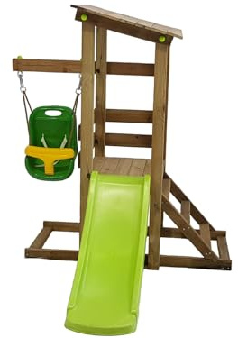 | MASGAMES | Mi Primer Parque Infantil Kilauea | Columpio con Silla de bebé | Casita de Madera elevada con tobogán | para niños de 1 a 4 años | Madera tratada para el Exterior |