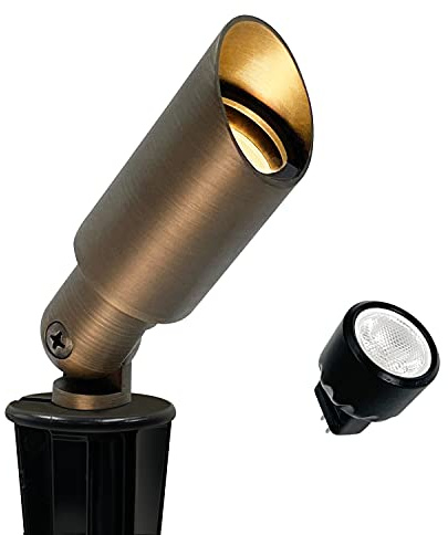 GKOLED Mini Size Brass Landscape Spotlight, Low Voltage 12V AC/DC Outdoor Directional Up Light, 180 LM, 3W MR8 LED Bulb ABS Ground Stake, 2700K Warm White, Garden Patio Trees Spot Uplight