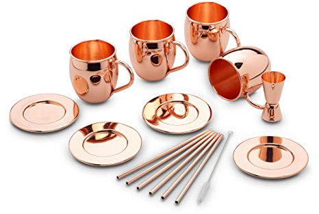 ECHTWERK Moscow Mule Kupferbecher 13er Set gefertigt aus Edelstahl bestehend aus 4x Kupferbecher 500ml, 4x Untersetzer, 4x Strohhalm und 1x Messbecher 2cl/4cl, EW-MM-1714G, Kupfer