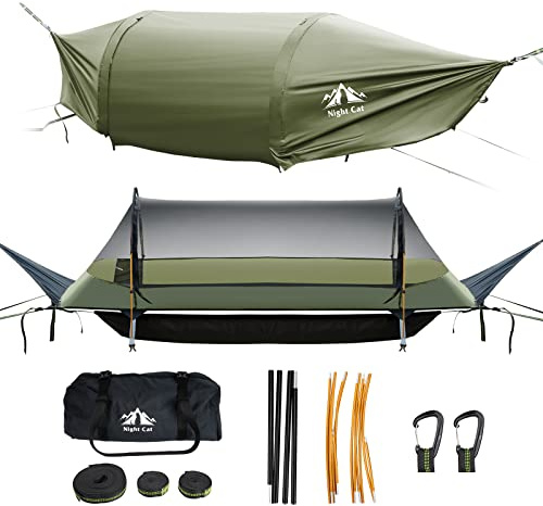 Night Cat Hamac Tente Fond Plat pour 1 Personne avec Moustiquaire Couverture Imperméable et Espace de Rangement Supplémentaire Randonnée Camping dans Jardin Arrière Cour Sauvage