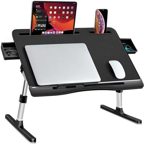 Laptop-Betttablett aus luxuriösem Leder, Verstellbarer Laptop-Schreibtisch für Bett, zusammenklappbarer Knietisch mit Doppelschubladen, multifunktionaler Tisch zum Arbeiten, Zeichnen (groß, schwarz)