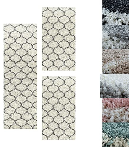 SIMPEX Bettumrandung Schlafzimmer 3teilig Shaggy Hochflor Teppich Creme Bettset: 2 mal 60x110 + 1 mal 80x150 - Schlafzimmer Teppich 3 Teilig Läufer Extra Weich Flauschig Bettvorleger Läuferset Halı