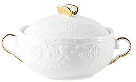 jojofuny Cuenco para sopa con tapa de cerámica – Diseño elegante y funcional con asas ergonómicas perfecto para sopas, postres y frutas. Dimensiones: 16 x 10,4 x 8,5 cm