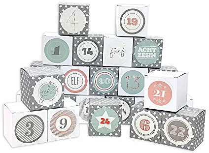 Frau WUNDERVoll® DIY Adventskalender Vorfreude zum Befüllen, 24 Faltschachteln grau, weiße Sterne/weiß 7x7x7cm(gefaltet),XL Ziffern pastell/Weihnachten, Würfelbox, Faltverpackung, Schachteln