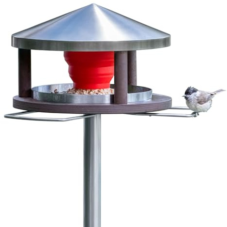 LicusDesign Vogelhaus mit Ständer wetterfest aus Edelstahl - Stabiles Vogelfutterhaus für draußen, modern aus Metall - Vogelfutterstation - Futterhaus für Vögel stehend