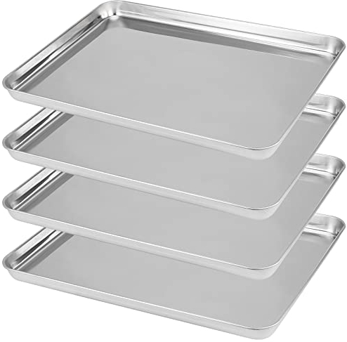 ZOENHOU Set of 4 Stainless Steel Baking Sheet Trays Set, 40cm Large Non-Stick Professional Rectangular Pan Baking Sheets Serving Cookie Oven Tray for Toaster Catering, Easy Clean 16 x 12 x 1 Inch
