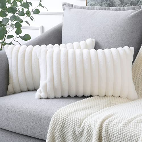 Soleebee 2er Set Plüsch Samt Kissenbezüge, Weiche Künstliche Pelz Dekorativ Kissenbezug Sofa Zierkissenbezüge Dekokissen Kissenhülle Set für Couch Schlafzimmer Zuhause Auto Dekor (30x50cm, Beige Weiß)