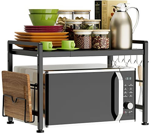 YIUKEA Extendable Microwave Oven Rack - Adjustable Kitchen counter shelf, 2 Tier Microwave Stand (L15.7~23.6 xW12.8 xH17.7) with 6 Hooks for Kitchen Countertop Organizer (Black)