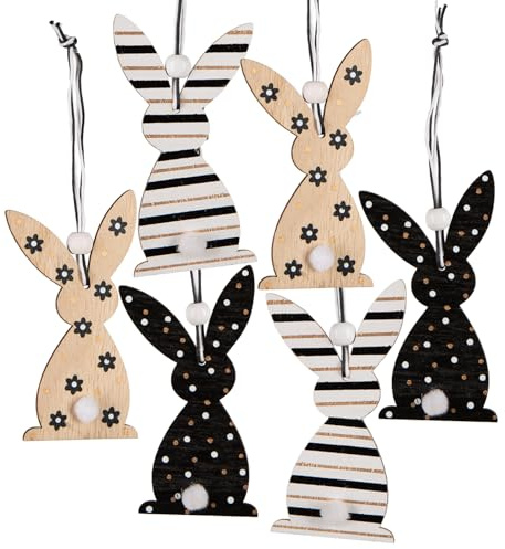 Osterhasen-Anhänger, 6 Stück: Osteranhänger Holz, Hasen zum Aufhängen, Osterdeko, Anhänger Ostern, Osterschmuck Osterstrauch & Fenster, Oster-Deko mit Schnur, Geschenkanhänger, Holzhasen Klein, 10 cm