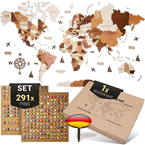 WOW WOOD Premium Wanddeko 3D Weltkarte Holz in Deutsch mit Pins | Werkzeuglose Wandmontage | Eine Geschenkidee für jede Gelegenheit | Wand deko Holz für Wohn- und Büro Deko (Holzfarbe, 120x62 cms)