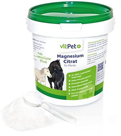 VitPet+ Magnesiumcitrat für Pferde – Magnesium Pferd – Premium Magnesiumcitrat Pulver – Zur Unterstützung von Muskulatur und Nervensystem – 1000 g inklusive Dosierlöffel