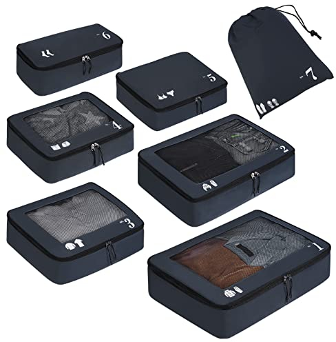 ECOHUB Organisateur Lot de 7 Rangement Valise Organisateur de Voyage Packing Cubes Sac Chaussures Ecologique Organiseurs de Bagage pochette sac rangement valise résistant à la déchirur (Bleu foncé)