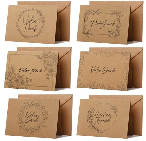 Donindis 36 Dankeskarten mit Umschlägen, Vielen Dank, Kraftpapier, 6 Motive, DIN A6, Naturbraun