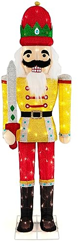 COSTWAY Soldatino Schiaccianoci Illuminato 166 cm, Soldato di Babbo Natale con Luci, Decorazioni Natalizie per Interno ed Esterno (Modello 1)