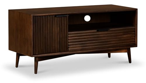 Oskar Small 110cm Grooved TV Unit for Living Room | Roseland Furniture Contemporary Retro Walnut Stained Solid Wooden Fluted Acacia TV Stand Cabinet for 49 inch Televisions