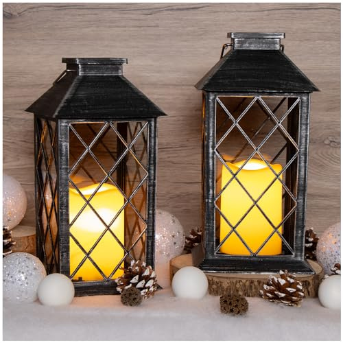 COM-FOUR® 2x Lanterna Solare a LED - Illuminazione a LED per Esterno con Batteria - Lanterna Elettrica per Decorazione Natalizia - Lampada Solare - Candela Artificiale (02 pezzi - solare nero)