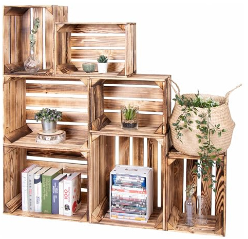 LAUBLUST Caisses en Bois Vintage Flammé, Lot de 7 | Caisse à Vin, Fruits et Légumes - ca. 50x40x30cm / 40x30x25cm | Pour Décoration & Fabrication de Meubles