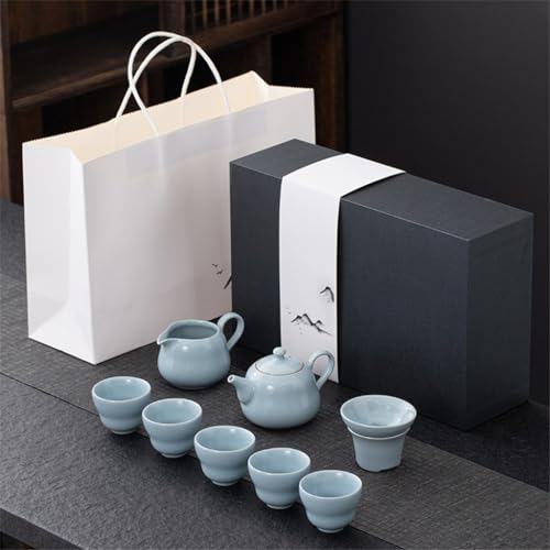 Ru Kiln Keramik-Teeservice, Kung-Fu-Teeservice, chinesischer Stil, blaues Teeservice für Zuhause und Büro, mit Teetablett (D 1 Set)