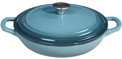 Flavehc Braiser - Cacerola de hierro fundido esmaltado de 2.25 cuartos de galón con tapa, cazuela de hierro fundido poco profunda azul pizarra con asas