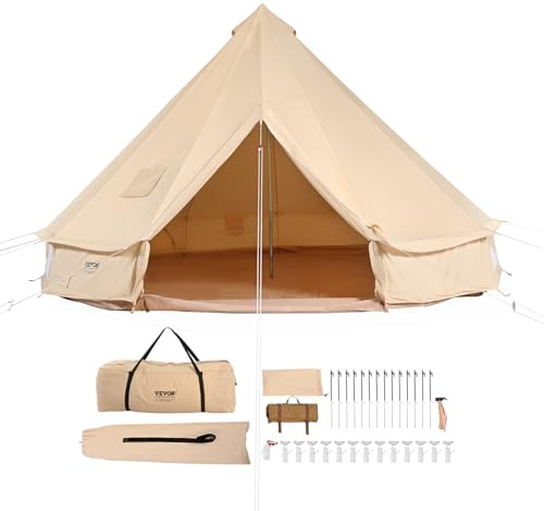 VEVOR Tienda de Campana de Lona de 6m, Carpa de Yurta para 4 Estaciones Tienda de Campaña Familiar con Agujero para Estufa de Leña y Bolsas de Almacenamiento para Glamping de hasta 10 Personas, Fiesta