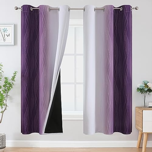 VEHEDE Ombre Farbverlauf Gardinen mit Ösen, Wohnzimmer Schallschutz Vorhänge, Thermo Vorhang gegen Kälte Blickdicht, Verdunklungsvorhäng 183 cm Lang, H 183 x B 107 cm, Violett und Weiß, 2er Set