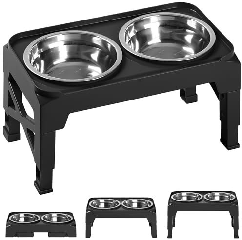 Hubulk Elevated Dog Bowls with 2 Stainless Steel Dog Food & Water Raised Bowls with No Spill Edge Non-Slip Stand Adjusts to 3 Heights(2.75, 6.0, 7.5) for Small Medium Dogs and Pet