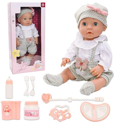 Miunana Babypuppe 40 cm Puppe in süßer Puppenkleidung Niedliches Outfit Hut Socken, ohne Haare 16 Zoll Puppen mit Schnuller Besteck Spielzeug Zubehör für Kinder ab 3 Jahren